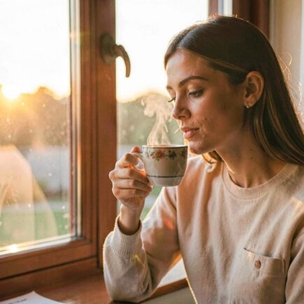 Femme sereine buvant un thé près d'une fenêtre au lever du soleil