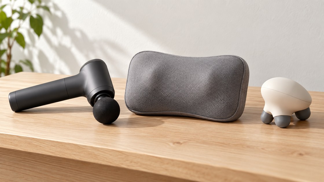 Trois appareils de massage sobres alignes sur une table en bois clair : un pistolet, un coussin et un appareil a main