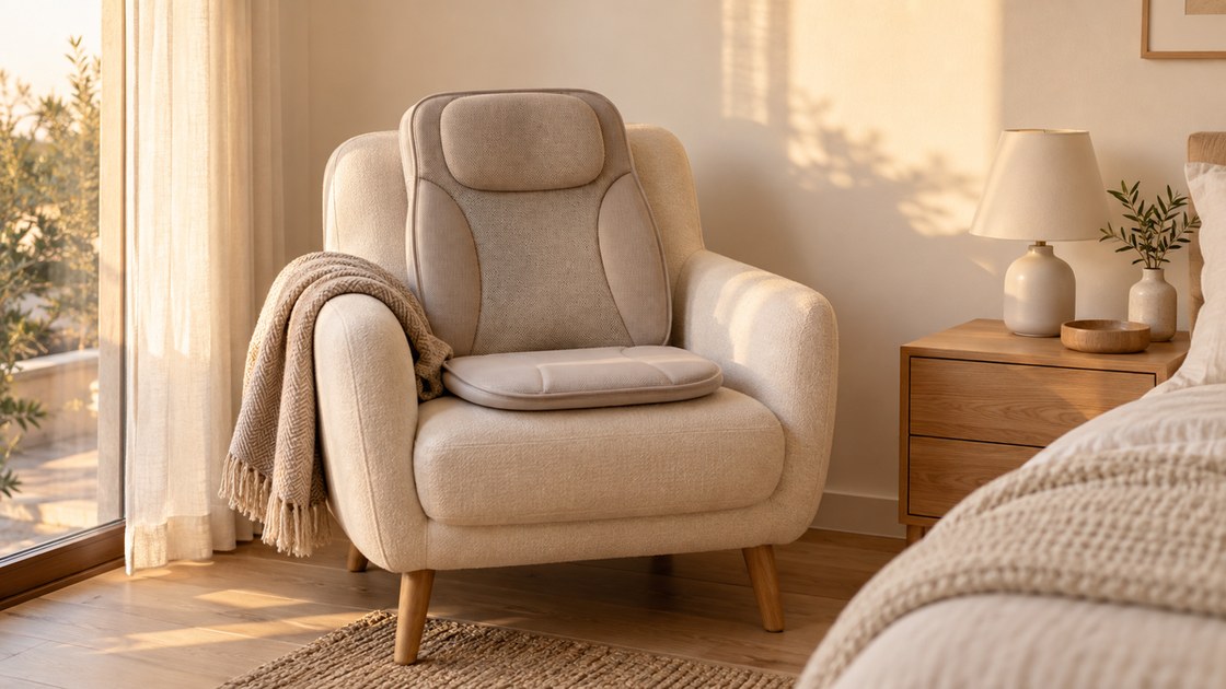 Un coussin de massage pose sur un fauteuil bas dans une chambre claire, avec un plaid et une lampe eteinte