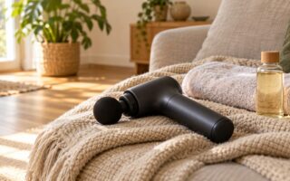 Un pistolet de massage sobre posé sur un plaid beige, à côté d'une serviette éponge pliée dans un salon lumineux