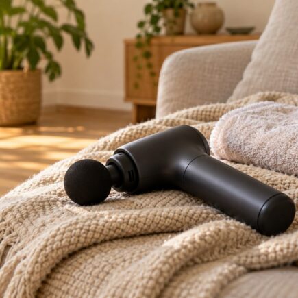 Un pistolet de massage sobre posé sur un plaid beige, à côté d'une serviette éponge pliée dans un salon lumineux