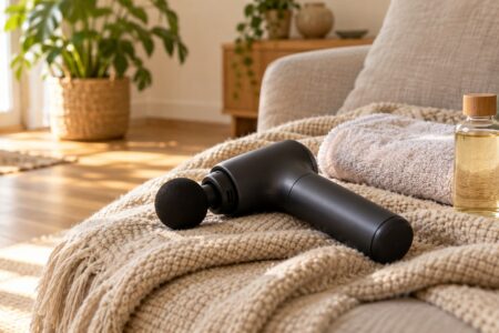 Un pistolet de massage sobre posé sur un plaid beige, à côté d'une serviette éponge pliée dans un salon lumineux
