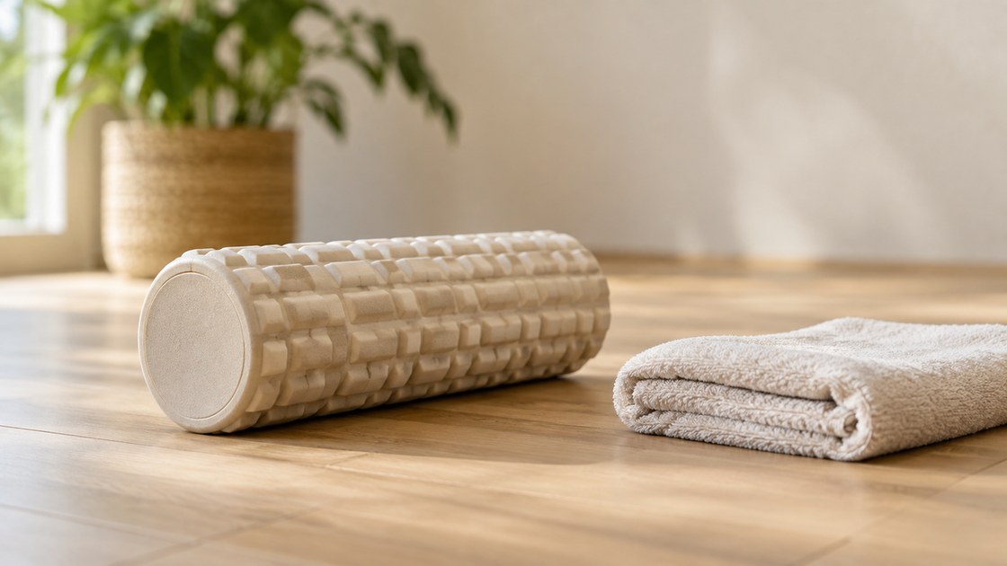 Un fauteuil bas avec un coussin en lin et un plaid dans une chambre aux tons creme