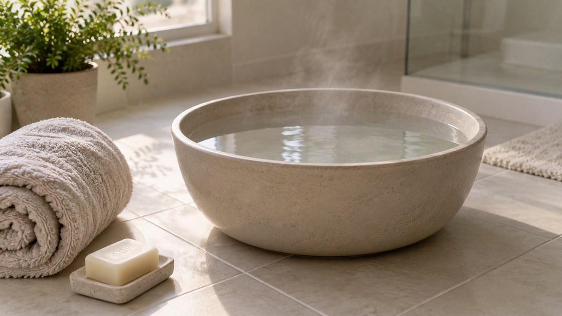 Un petit bassin d'eau tiede avec une serviette roulée a cote dans une salle de bain claire