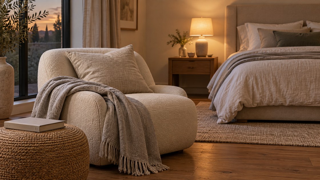Un rouleau de massage en mousse beige et une serviette pliee sur un parquet clair