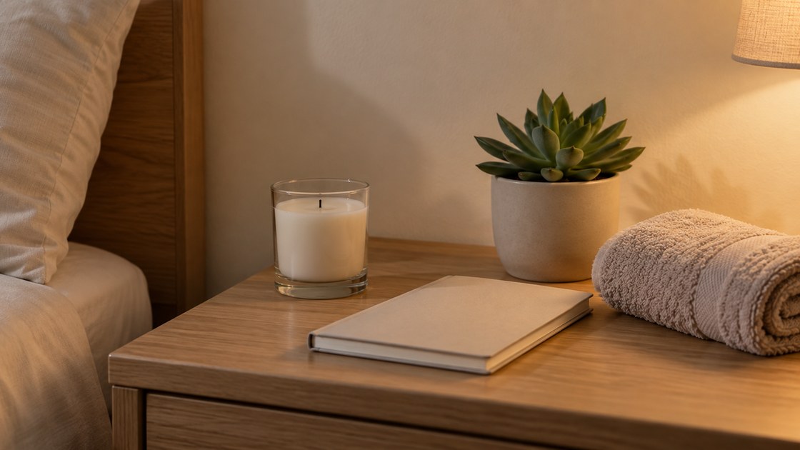 Une table de chevet en bois clair avec une bougie eteinte, un carnet et une serviette roulée