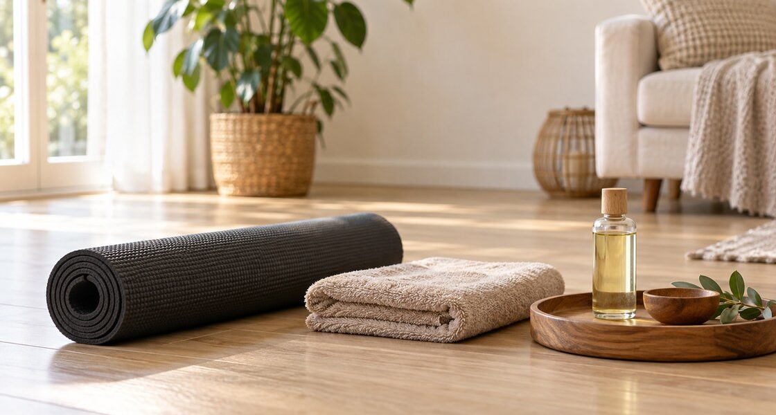 Un tapis de massage enroule, une serviette beige et une bouteille d'huile dans un coin detente lumineux