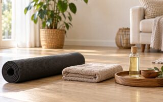 Un tapis de massage enroule, une serviette beige et une bouteille d'huile dans un coin detente lumineux