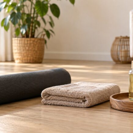 Un tapis de massage enroule, une serviette beige et une bouteille d'huile dans un coin detente lumineux