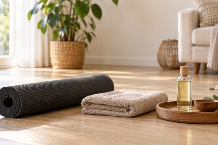 Un tapis de massage enroule, une serviette beige et une bouteille d'huile dans un coin detente lumineux
