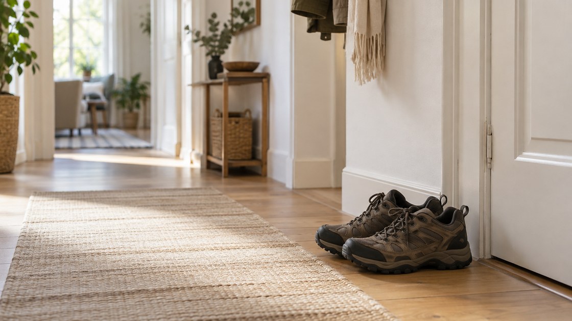 Couloir d'appartement clair avec un tapis, un parquet en bois clair et une paire de chaussures de marche posée près d'une porte