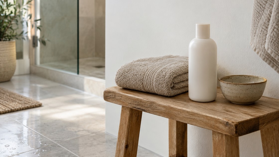 Serviette éponge pliée, flacon neutre sans étiquette et petit bol en céramique posés sur un tabouret en bois