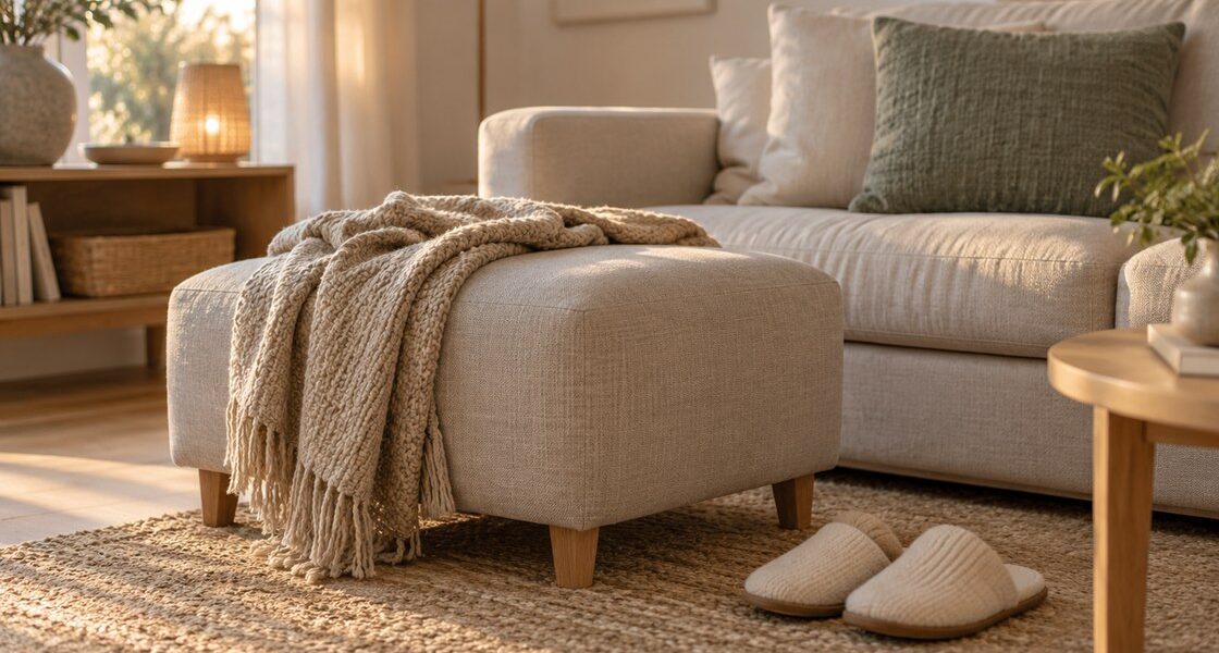 Coin de salon clair avec un repose-jambes bas et un coussin devant un canapé, chaussons posés au sol en fin de journée