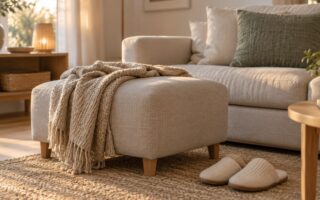 Coin de salon clair avec un repose-jambes bas et un coussin devant un canapé, chaussons posés au sol en fin de journée