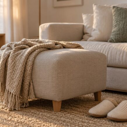 Coin de salon clair avec un repose-jambes bas et un coussin devant un canapé, chaussons posés au sol en fin de journée