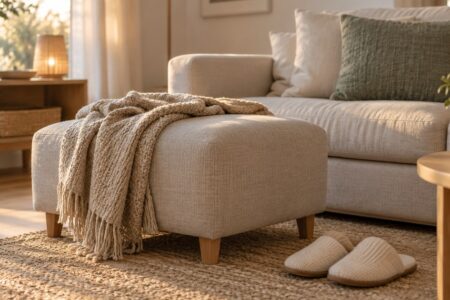 Coin de salon clair avec un repose-jambes bas et un coussin devant un canapé, chaussons posés au sol en fin de journée