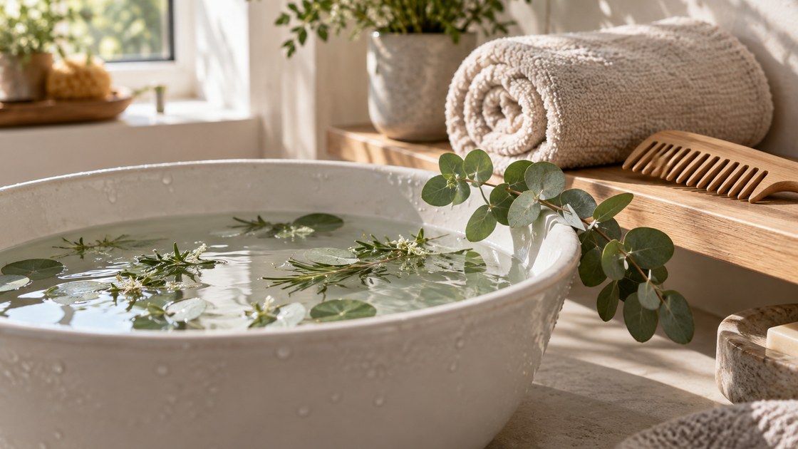 Rinçage d'un masque cheveux dans une bassine de céramique à l'eau tiède parfumée à l'eucalyptus, avec une serviette en coton et un peigne large en bois
