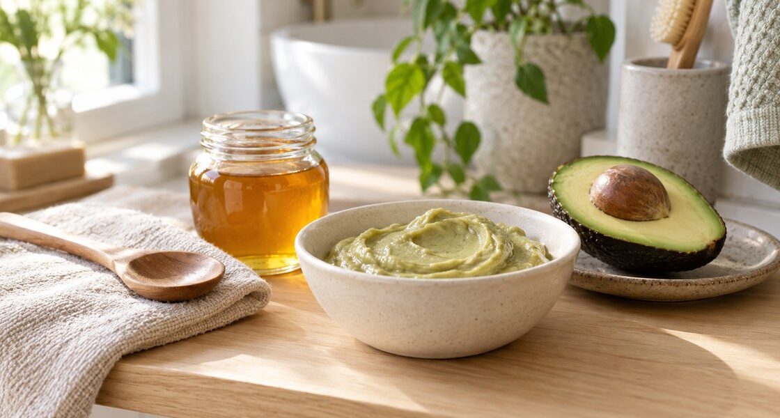 Coupelle de masque capillaire fait maison à l'avocat et au miel sur une étagère de salle de bain en bois clair, avec un pot de miel et un demi-avocat