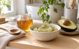 Coupelle de masque capillaire fait maison à l'avocat et au miel sur une étagère de salle de bain en bois clair, avec un pot de miel et un demi-avocat