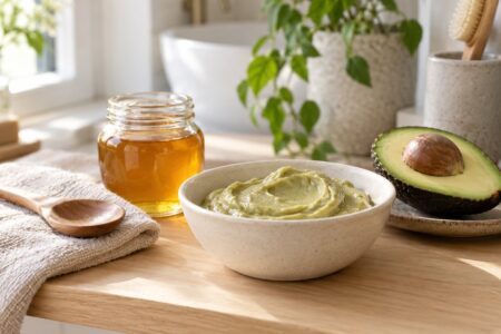 Coupelle de masque capillaire fait maison à l'avocat et au miel sur une étagère de salle de bain en bois clair, avec un pot de miel et un demi-avocat