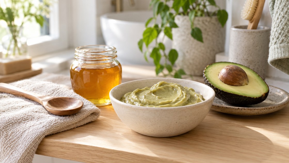 Coupelle de masque capillaire fait maison à l'avocat et au miel sur une étagère de salle de bain en bois clair, avec un pot de miel et un demi-avocat