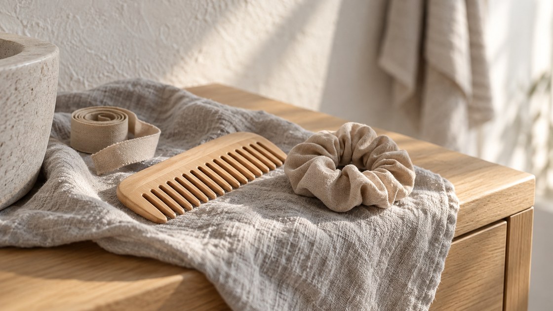 Peigne large en bois clair et chouchou en tissu de coton beige posés sur un linge de lin froissé, près d'une fenêtre