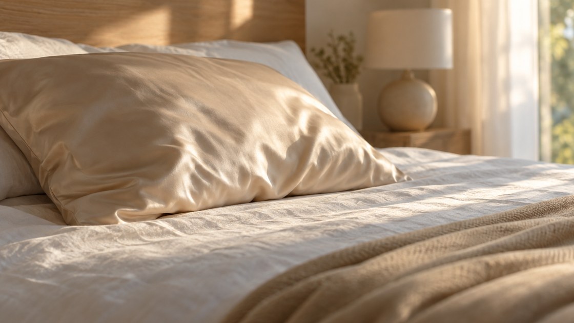 Oreiller recouvert d'une taie en satin beige clair sur un lit aux draps de lin, dans la lumière douce du matin
