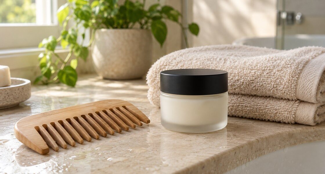 Peigne large en bois naturel, serviette beige pliée et pot de soin en verre dépoli sans étiquette posés sur un rebord de salle de bain en pierre claire, dans une lumière naturelle douce
