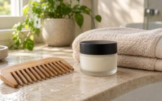 Peigne large en bois naturel, serviette beige pliée et pot de soin en verre dépoli sans étiquette posés sur un rebord de salle de bain en pierre claire, dans une lumière naturelle douce