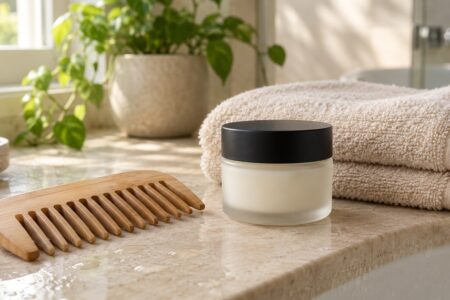 Peigne large en bois naturel, serviette beige pliée et pot de soin en verre dépoli sans étiquette posés sur un rebord de salle de bain en pierre claire, dans une lumière naturelle douce