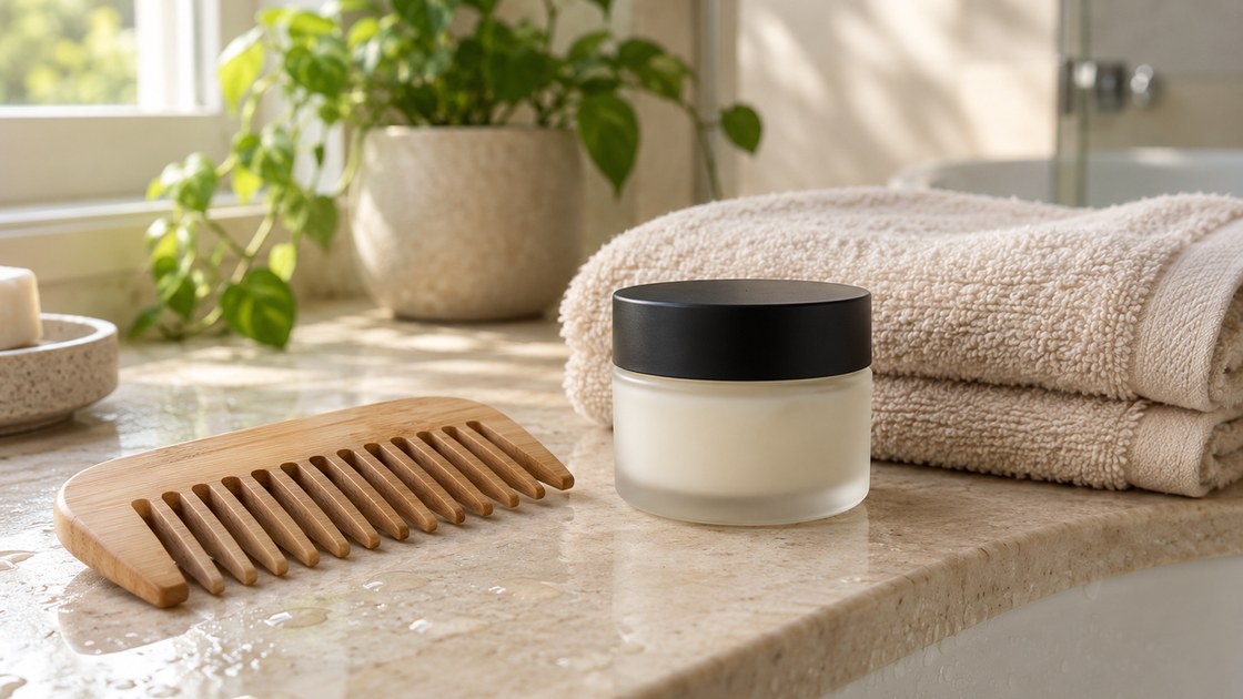 Peigne large en bois naturel, serviette beige pliée et pot de soin en verre dépoli sans étiquette posés sur un rebord de salle de bain en pierre claire, dans une lumière naturelle douce