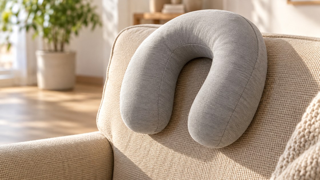 Coussin de massage pour la nuque posé sur le dossier d'un fauteuil en tissu beige, dans une lumière naturelle rasante