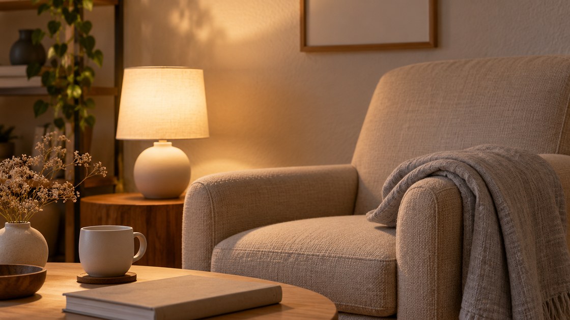 Coin de salon le soir : fauteuil en tissu beige, plaid de lin sur l'accoudoir, lampe allumée et tasse posée sur une table basse en bois