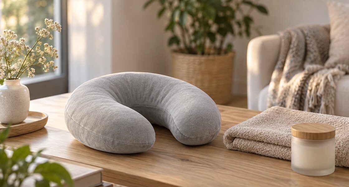 Coussin de massage pour la nuque en tissu gris clair posé sur une table basse en bois, près d'une serviette beige et d'un pot de soin, dans un salon lumineux