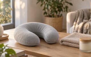Coussin de massage pour la nuque en tissu gris clair posé sur une table basse en bois, près d'une serviette beige et d'un pot de soin, dans un salon lumineux