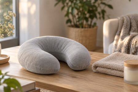 Coussin de massage pour la nuque en tissu gris clair posé sur une table basse en bois, près d'une serviette beige et d'un pot de soin, dans un salon lumineux