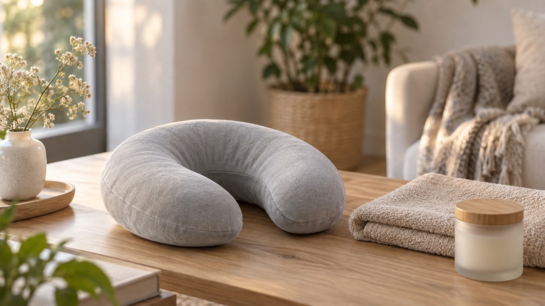 Coussin de massage pour la nuque en tissu gris clair posé sur une table basse en bois, près d'une serviette beige et d'un pot de soin, dans un salon lumineux